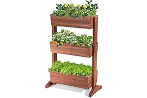 GOPLUS Jardinera Vertical de Madera de Abeto 3 Niveles, Cama Elevada de Jardín con Agujeros de Drenaje y Ángulo Ajustable, para Plantas Flores Verduras Macetas, Balcón Terraza, 71x38x105cm