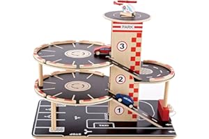 Hape Garage Voiture Enfant 3 ans et plus - Parking en Bois avec Voitures, Hélicoptère, Station Service, Circuit, Toboggan, 4 Niveaux de Stationnement et Ascenseur - Jouet Garage Voiture Solide