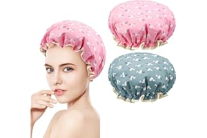 RENKE 2 Pcs shower caps for women uk,Elastic Band Double Layers Waterproof Shower Caps,Shower hat, Two Layer Design, hair cap Suitable for Adults and Children,Multifunctional & Portable