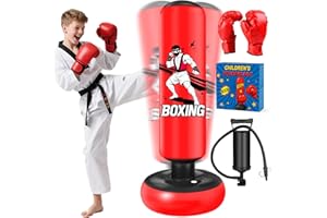 FOHIL Saco de Boxeo de Pie, 168 cm Saco Boxeo Niños, Inflable Bolsa De Boxe con Guantes y Bomba para Practicar MMA Karate Taekwondo Punching Ball para 5-18 Niños Adolescentes