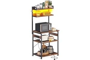 Coleshome Microwave Shelf Stand with Power Outlet & LED Lights, Kitchen Storage Rack with 5 Shelves and 5 Hooks, Baker's Rack with Steel Frame, Industrial Coffee Bar, 35 x 60 x 150 cm, Rustic Brown