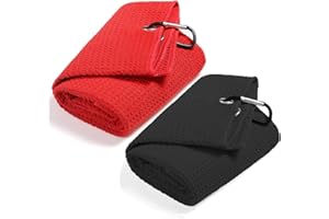 QeeHeng 2 Toallas de Golf de Microfibra con patrón de gofre, Divertidas Toallas de Golf con Clip para Bolsas de Golf para Hombres, Juego de Toallas de Golf de Tres Pliegues (Negro + Rojo)
