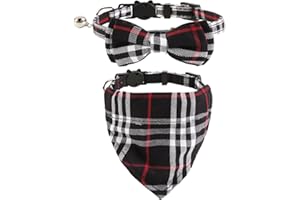 UYRVAPE 2pcs Katzenhalsbänder mit Glocken Abnehmbare Fliege Bandana, Kätzchen Halsband Katze Bandana Hundefliege, Katzenhalsband mit Glöckchen, Kariertes Katzen halsbänder mit Schleife, Schwarz