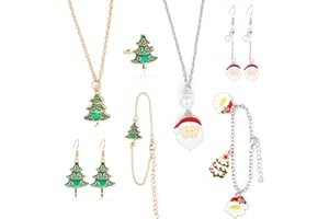DPKOW 9pcs Parures de Bijoux de Noël pour Filles Enfants, Noël Collier Chaînes Noël Bracelets Bagues Noël Boucles d'oreilles Pendentif pour Filles Sacs Cadeau de Noël, Sapin de Noël Père Noël