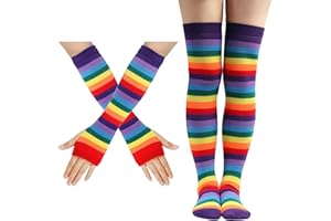 LEOEASIY Regenbogen Kniestrümpfe und Armstulpen Set, Bunte Oberschenkel Hohe Socken, Streifen Arm Wärmer Socken Fingerlose Handschuhe Hülsen-Set für Damen Mädchen Karneval Cosplay Party Kostüm Zubehör