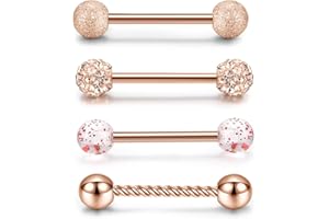 PiercingJak 4PCS Piercing Langue Téton Mamelon 14G Acier Inoxydable Boule Zircon Anneaux de Langue Téton Piercing Barre Droite Barbell Hélix Cartilage Oreille Bijoux de Corps Femme Homme