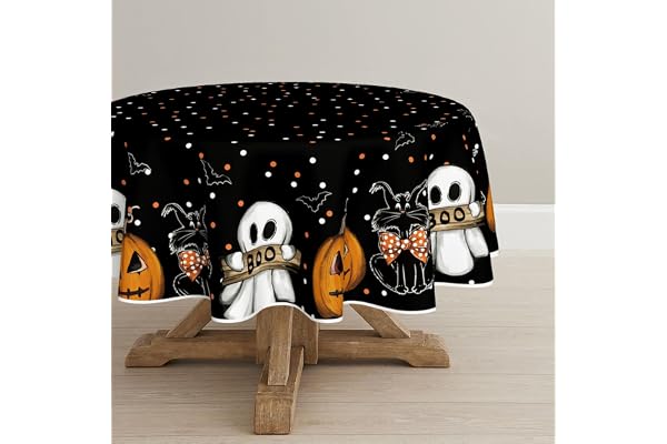 Artoid mode prickar jack-o'-lantern spöke katt halloween bordsduk rund 140 cm, säsongsbetonad boo fläckskydd bordslinne kök dekoration semester dekor