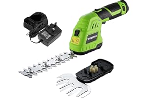 WORKPRO 2-in-1 Cordless Hedge Trimmer and Grass Shear, 12V Electric Hedge Trimmer with 2000mAh Battery, Handheld Garden Trimmer with 2 Interchangeable Blades for Gardening