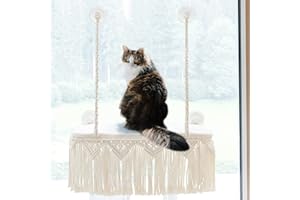 Dahey Macrame Cat Window Perch Boho Cat Hammock Wall Mounted Pet Resting Seat Bed for Indoor Cats Safety Space Saving Kitty Swing Shelf with Tassel Holds up to 45 lbs