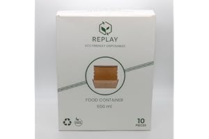 REPLAY Kraft Paper Food Containers - Eco Friendly & Biodegradable Takeaway Boxes, Suitable as Burger Boxes & for Chinese Food - Disposable Food Containers, 100% Recyclable - Takeaway Food Boxes 10x 650ml