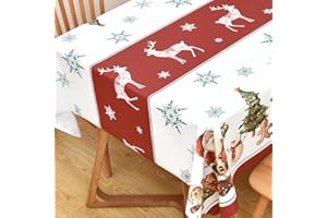 Yofori Christmas Table Cloth Wipe Clean PVC Xmas Tablecloth Rectangle Red Plastic Table Cover Waterproof Wipeable Vinyl Oilcloth Reindeer for Spring festival New Year Dining Party (Deers, 137x180cm)