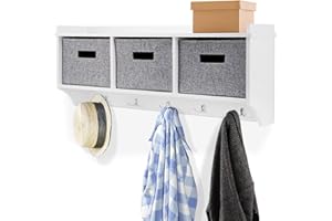 Taylor & Brown White Wooden Wall Mounted 5 Hook Coat Rack Display Storage Unit Shelf Modern Hallway Organiser Hooks Stand Hat with 3 Fabric Baskets - W90 x D20 x H34cm