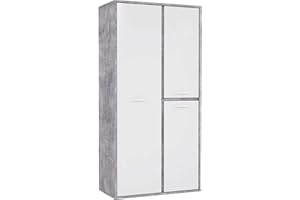 ‎FORTE FORTE CANMORE Schrank 100 200, Kleiderschrank Industrial, Drehtürenschrank, 3-türig Einlegeböden und Kleiderstange, Weiß Hochglanz / Betonoptik LichtGrau, 99.5 cm breit x 201.5 cm hoch x 52 cm tief