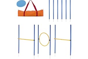 valuents Slalom Stangen mit 2 Hürde + 1 Ring - blau/gelb - Slalomstangen/Hindernis/Sprungring – Agility Set für Hunde – Hundetraining Zubehör – Fußball Traininigsset - Plus: Frisbee