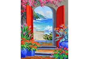 TISHIRON DIY Paint by Number for Adults and Kids, Door to The Beach Paint by Numbers for Beginner, Landscape Adults Paint by Number, 16x20 Inch Flowers Paint by Numbers, Easy Oil Painting for Gift Frameless