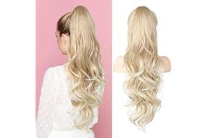 ‎FLUFYMOOZ FLUFYMOOZ Ponytail Extension, 66cm Pferdeschwanzverlängerung lange, gewellte, lockige Klauen Clip in Pferdeschwanz Haarverlängerung, synthetisches Haarteil für Frauen-Blond bis Hellblond