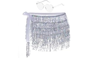 WEROWNSGSO Falda brillante para mujer, falda con flecos, con gafas hippie, mini falda latina corta, disfraz de danza del vientre, disfraz de rave para mujeres y niñas