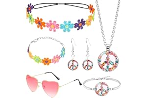 SAIER TBO 6 Pièces Accessoires Hippie pour Femmes, Années 70 Costume Flower Power avec Coiffe de Marguerite Lunettes d'amour Collier de Paix Boucles d'oreilles Bracelet pour Soirées Thème de Carnaval Disco