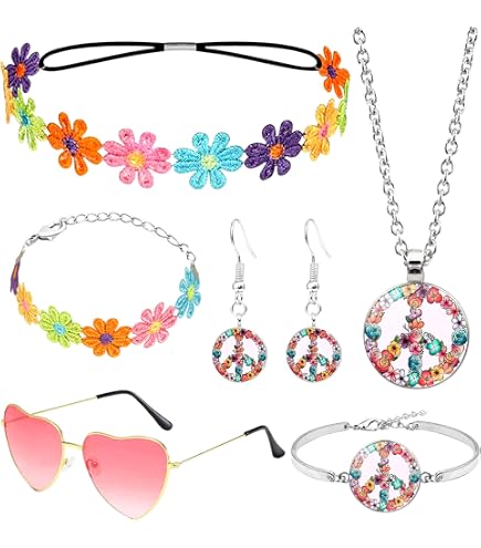 Set Accessoires Hippie Années 60 – Bandeau Tournesol, Lunettes Roses, Collier Et Boucles Paix