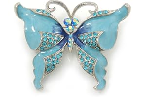 Avalaya Sky Blue Enamel Crystal Butterfly Brooch in Rhodium Plating - 50mm W