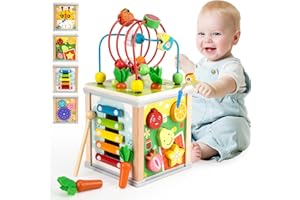 Funsland Drewniane zabawki do ćwiczeń – 7 w 1 Montessori edukacyjne zabawki dla maluchów, sorter kształtów labiryntu z koralikami, ksylofon, nauka, wczesny rozwój aktywności, zabawki, prezenty dla