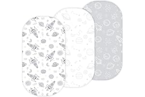 TANSY PANDA Bassinet Sheets for Dream On Me Karley, Plus, Lacy, Small Regalo Basics, Baby Delight Slumber, Snuggle Nest, Graco Carry Cot, 3 Pack, 16 x 32, Ultra Soft, Unisex Boys Girls, Gray (Space Rockets)