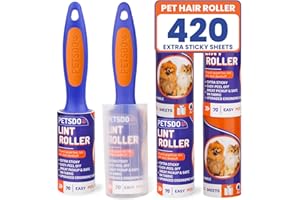 PETSDO Lint Rollers with 2 Handles & 6 Refills - Total 420 Sticky Sheets for Pet Hair & Clothes - Ideal for All Fabrics