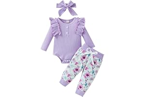 PUSEKY Recién Nacido Bebé Niñas Ropa Ruffled Manga Larga Romper Floral Pantalones Cinta para la Cabeza Niña Outfits Set