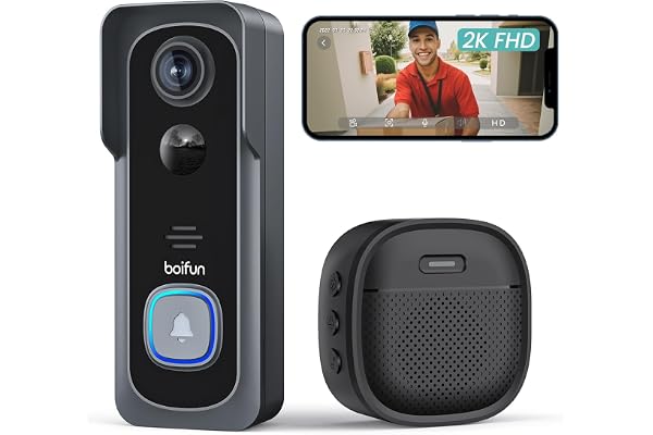 BOIFUN Sonnette sans Fil Exterieur Etanche, 2K, Grand Angle de 166°, Installation Facile, Détection Humaine par IA, Vision Nocturne, Compatible Carte SD, IP65 étanche, Wi-FI 2,4 GHz Uniquement