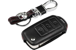 M.JVisun Llave del Coche Real Cuero Carcasa para Llaves para Volkswagen Beetle Bora Caravelle EOS Golf Jetta Passat Polo para Scirocco para Sharan para Tiguan para Touran UP 3 Botón Funda - Negro