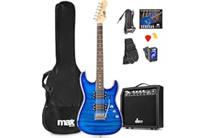 Max Pack Guitare Électrique Style Quilted avec Ampli 40 Watts et Nombreux Accessoires, Housse, Accordeur, Cordes de rechange, Sangle, Câble 3m et Médiators, Kit Complet pour Bien Débuter - Bleu