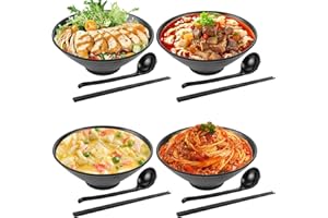 GBACHOOSE Juego de 4 cuencos de ramen, tazón de ramen, 1000 ml, juego de tazón de ramen con cuchara y palillos, juego de ramen para Buldak Ramen, fideos udon, fideos chinos, ramen de Nissin