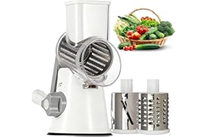 Râpe à Fromage Rotative, Pmueuff Mandoline de Cuisine Manuelle avec 3 Lames de Tambour Détachables et Base à Ventouse Coupe Legumes Multifonctions pour Pommes de Terre, Carottes, Fromage, Noix