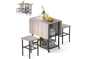 GiantexUK 3 PCS Folding Dining Table and Stools Set, Drop Leaf Dining Room Set with 2-Tiers Storage Shelves & 6 Wheels, Space-Saving Kitchen Table and Chairs Set for Home Living Room Pub (Grey+Black)