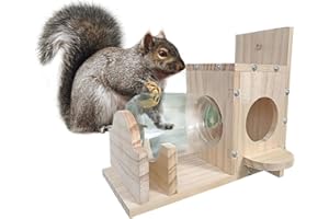 XQZMD Wooden Squirrel Feeder, Natural Interesting Hanging Squirrel Feeding Box with Transparent Bottle, Garden Squirrel Food Box for Tree