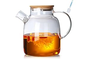 NEEMOSI Teekanne mit Siebeinsatz,1800ML Teekanne Glas mit Holzdeckel,Hitzebeständige Hochborosilikat-Teekanne mit herausnehmbarem Filter,Modernes und elegantes Teekannendesign für Tee, Blumentee und Saft