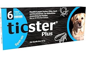 TICSTER Plus Spot-on für Hunde über 25 kg, Floh und Zeckenmittel, Inhalt: 6x 4,8ml, Schutzdauer: bis zu 24 Wochen (Lösung zum Auftropfen, auch gegen Sand- & Stechmücken, Insektenschutz für Hunde)