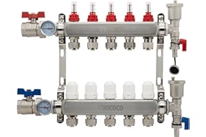 Vancoco Heizkreisverteiler Edelstahl für 5 Heizkreise mit Eurokonus 3/4 (16 x 2 mm), Fußbodenheizung Verteiler mit Durchflussmesser, Schnellentlüfter Set, 1" Kugelhähne und Klemmringverschraubung