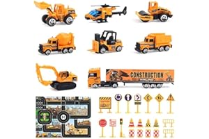 jenilily Mini Construction Vehicle Toy Car Set with Play Mat, Truck Carrier, Forklift, Bulldozer, Excavator, Mixer, Dump Truck, Alloy Metal Car Toys for 3 4 5 6 Years Old Toddlers Kids Boys