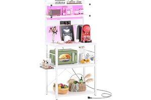 ‎ISUNIRM iSunirm Bäckerregal mit Steckdose, Mikrowellenständer, 5-stufige Kaffeebarstation mit LED-Leuchten, Küchenregal mit 6 S-förmigen Haken, Küchenregal für Gewürze, Töpfe und Pfannen, Weiß