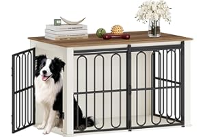 HEXCELEN Hundekäfig-Möbel aus Holz, 100 cm Hundebox für Zuhause, Hundekäfig mit 2 Türen, Schiebetüren, für Kleine, Mittlere Hunde, Robuster, Beistelltisch, 100 × 60 × 62,4 cm, Weiß Braun