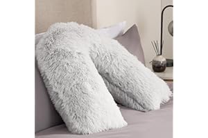 OHS Fluffy Fleece V Pillow Grey, Orthopaedic V Shape for Bed Sofa Super Soft Support Pillow for Sleeping Relaxing Long Snug Cushion, 80 x 60 x 25cm