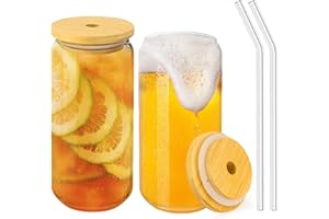 LTZGO Lot de 2 Verres à bière avec couvercles en bambou et paille en verre 550ml tasse Réutilisables DIY Mason Jar Pour Cola voyage bureau maison thé café margaritas jus de fruits cocktails soda