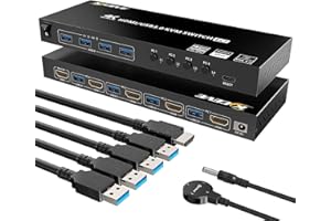 KCEVE Przełącznik KVM HDMI 4 porty, selektor USB 3.0 KVM z emulatorem EDID Obsługa rozdzielczości 4K@60Hz dla 4 komputerów Udostępnij klawiaturę myszy i monitor