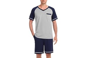 Irdcomps Men's Pyjamas Set Cotton Short Sleeves Pjs Loungewear Plaid 2 Piece Nightwear Soft with Pockets Summer Sleepwear for Men