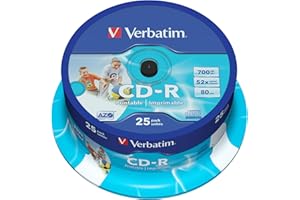 ‎VERBATIM Verbatim CD-R AZO Wide Inkjet Printable 700 MB, 25er Pack Spindel, CD Rohlinge, 52-fache Brenngeschwindigkeit mit langer Lebensdauer, leere CDs bedruckbar, Audio CD Rohling