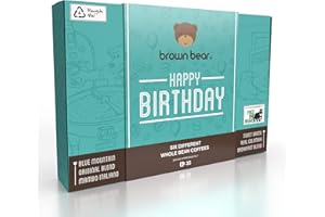 Brown Bear Urodzinowy zestaw do degustacji ziaren kawy dla miłośników kawy, 6 mieszanek kawy w 1 opakowaniu urodzinowym, idealny dla mężczyzn i kobiet, siła 3 4 5, do wszystkich ekspresów do kawy, jasny średni i ciemny palony
