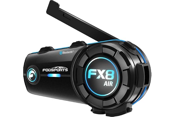 Fodsports FX8 Air Intercom Moto Duo pour 2 Casques, Kit Main Libre Moto, 1000M Systèmes de Communication Bluetooth pour Motocyclette avec 3 Effets Sonores, HiFi, Appairage Universel, 900mAh(1 Unité)