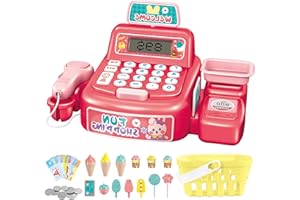 FALAFOTY Registratore di Cassa Giocattolo con Scanner, Calcolatrice, Negozi Accessori per Bambini Giochi di Ruolo Mini Set di Giocattoli, Negozio Giocattolo Educativo Regalo per Ragazzi Ragazze 3 Anni (Rosso)