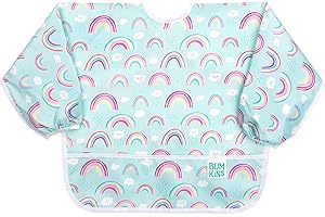 Bumkins Sleeved Bib, Handy Tie Closure for Custom Fit, Catch-All Pocket, Baby-Led Weaning, Waterproof, Machine Washable, Stain & Odour Resistant, BPA Free, 6-24 Months, Rainbow Design